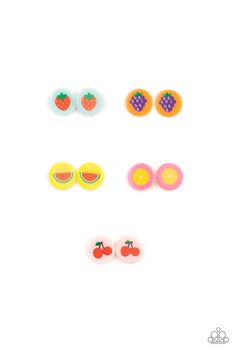 six pairs of fruit studs on a white background