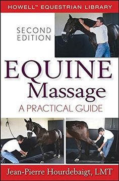 the equinne massage book with three pictures of horses and a man in white shirt