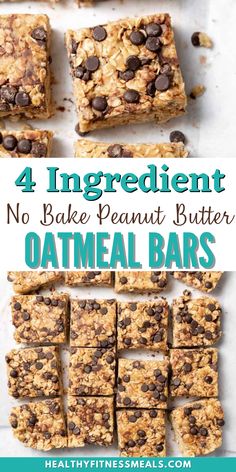 four ingredient no bake peanut butter oatmeal bars with chocolate chips on top