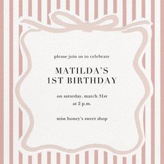 a pink and white striped birthday party card