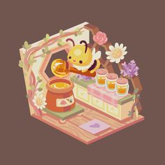 an illustration of a bee and honeycombs on a table with flowers in the background