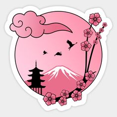 a pink sticker with flowers and birds flying in the sky over a mountain range