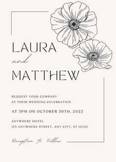 a wedding card with two flowers in black and white on the front, which reads'lauren and mattthew '