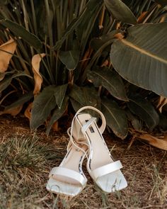 a pair of white high heeled shoes sitting on the ground in front of some plants