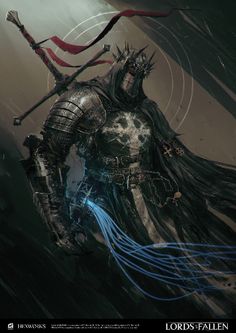 a painting of a knight with an american flag on his shoulder and two swords in his hand