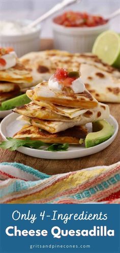 cheese quesadilla on a plate with salsa and limes in the background