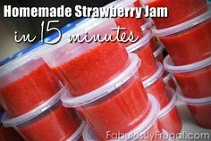 there are many cups that have red liquid in them and the words, homemade strawberry jam in 5 minutes