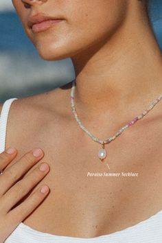 Introducing our Paraiso Summer Necklace, inspired by the gentle pastel hues of summer. This piece captures the sweetness of summer sunshine, bringing a colorful and vibrant touch to any outfit💫 #summernecklace #atoleajewelry #waterproofjewelry Shark Tooth Ring, Coin Anklet, Penguin Necklace, Starfish Anklets, Beachy Necklace, Sand Dollar Necklace, Summer Energy, Keshi Pearl Necklace