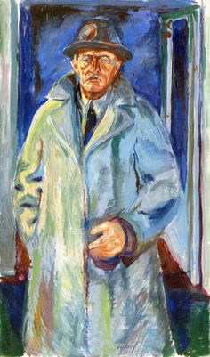 a painting of a man in a coat and hat standing next to a window with his hands on his hips