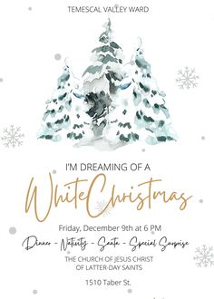 a white christmas party flyer with trees and snowflakes