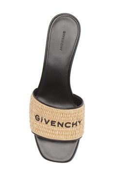 Embroidered Givenchy lettering pops against the woven-raffia band of this square-toe slide lifted on a covered block heel. 1 3/4" (44mm) heel (size 38.5) Synthetic upper/leather lining and sole Made in Italy Women's Designer Shoes Chic Logo Sandals For Summer, Chic Summer Sandals With Logo, Givenchy Logo, Woven Raffia, Footwear Design Women, Personal Shopper, Luxury Accessories, Slide Sandals, Givenchy