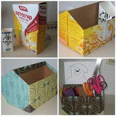 four different boxes with scissors and other items in them