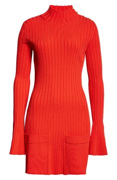 Stella McCartney Button Detail Long Sleeve Rib Sweater Dress | Nordstrom Rib Sweater, Ribbed Sweater Dress, Lipstick Red, Red Fits, Ribbed Mini Dress, Ribbed Knit Dress, Knit Mini Dress, Ribbed Sweater, Nordstrom Dresses