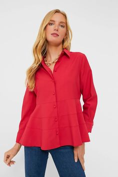 Red Ashlen Blouse | Pomander Place Ruffle Collar Shirt, Royal Blue Blouse, Coffee Dates, Balloon Sleeve Blouse, Purple Blouse, Bow Detail Dress, Peplum Blouse, Fitted Skirt, Red Blouses