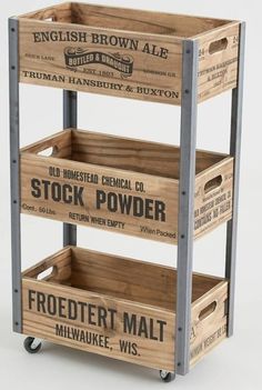 three wooden crates stacked on top of each other with the words stock powder printed on them