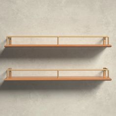 two empty wooden shelves against a wall