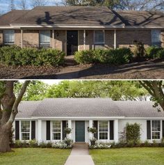 before and after photos of a house in the front yard with trees, bushes, and walkway