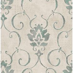 a white and green wallpaper with an ornate design on the bottom half of it