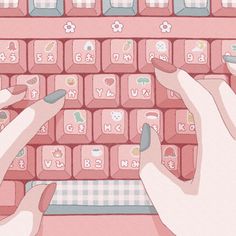 two hands typing on a pink keyboard