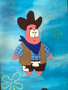 a painting of a cartoon character wearing a cowboy hat and vest, standing in front of a blue background