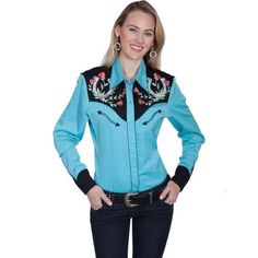 Scully Legends Women's Poly/Rayon Blend Snap Front Blouse, PL-637-TUR-L Western Style Blouse For Spring Rodeo, Fitted Western Style Blouse For Fall, Fitted Western Blouse For Fall, Fitted Turquoise Tops For Fall, Fitted Turquoise Top For Fall, Fitted Western Style Spring Blouse, Fitted Western Style Blouse For Spring, Western Style Fitted Blouse For Spring, Western Long Sleeve Blouse For Rodeo