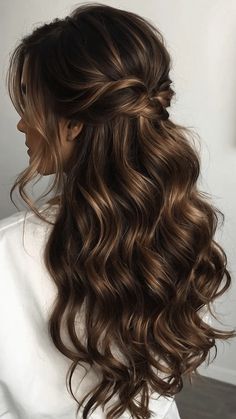 Dive into the Wave: 15 Wavy Hair Style Ideas for Your Perfect Look 45 Brunette Wavy Hairstyles, Long Wavy Hair Bridesmaid, Wedding Hairstyles Thick Brown Hair, Hairstyles Wavy Hair Medium Wedding, Soft Romantic Curls Wedding, Bridal Hair Based On Dress, Hairstyles For Weddings Half Up Half Down, Bridesmaid Summer Hairstyles, Bridal Hair Half Up Half Down Brunette