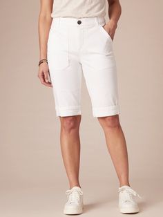 Optic White Denim Absolution High Rise Coin Pocket Cuffed Hem Repreve Bermuda Short Bermuda Short, Hem Style, Premium Denim, Jeans Brands, White Denim, Denim Fabric, Denim Wash, Lifestyle Brands, Jeans Style