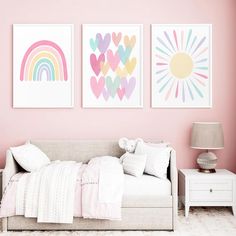 PRICES MAY VARY. Pink Nursery Wall Art Size :12x16in(30x40cm), only contains canvas poster prints, unframed Pastel Rainbow Art Prints : Let the nursery come alive with the vibrant hues of a rainbow. This heartwarming affirmation adds a touch of warmth to the nursery, creating a space filled with love and joy Kids Room Decor : Our Pink Nursery Wall Art Decor Baby Girl Canvas Rainbow Pastel Wall Art Prints will turn your empty wall into a modern and fun space. Inspire your baby's spirit of explora Rainbow Toddler Room, Sunshine Painting, Decorating Toddler Girls Room, Rainbow Girls Room, Rainbow Room Kids, Pink Nursery Walls, Pastel Wall Decor, Murs Roses