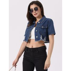 This cropped jean jacket is the perfect addition to your wardrobe! Made of soft and breathable denim material, this versatile piece is perfect for updating your seasonal wardrobe. The frayed hem and distressed details on this cowboy jacket add a unique Western vibe to the overall design, giving you a vintage and stylish look. The regular fit and cropped length make it perfect for many occasions, such as casual outings, weekend gatherings, office, school, shopping, streetwear, outdoor activities, Summer Cropped Denim Blue Jacket, Cropped Denim Blue Denim Jacket For Summer, Cropped Denim Blue Jacket For Summer, Cropped Denim Jacket For Summer, Cropped Denim Jacket With Frayed Hem, Trendy Cropped Denim Top With Pockets, Cropped Dark Wash Denim Jacket For Summer, Summer Cropped Medium Wash Outerwear, Summer Cropped Outerwear In Medium Wash