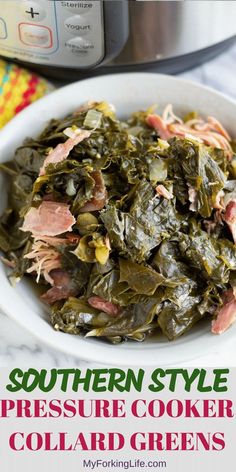 a white bowl filled with cooked collard greens next to an instant pressure cooker