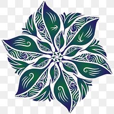 a blue and green flower on a white background, with leaves in the shape of a snowflake