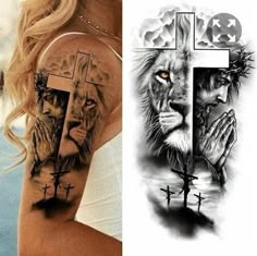 two different tattoos with lions and crosses on their arms, one in black and white