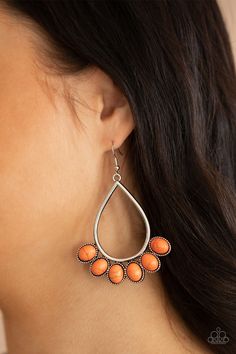 Featuring decorative silver fittings, smooth orange stones fan out from the bottom of an airy silver teardrop frame for a seasonal flair. Earring attaches to a standard fishhook fitting.

 Sold as one pair of earrings. Sky Brown, Brown Earrings, Orange Stone, Orange Earrings, Fish Hook Earrings, Paparazzi Accessories, Turquoise Stones, Paparazzi Jewelry, Fish Hook