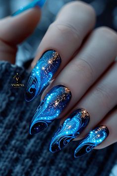 Fancy Nails Designs, Blue Nail Designs, Pretty Nail Art, Fall Nail Art, Nail Polish Designs, Nail Art Ideas, Fall Nail, Fancy Nails, Creative Nails