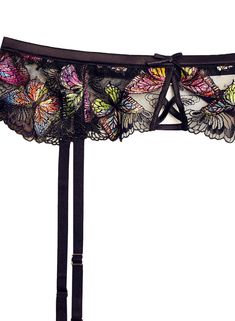 Butterfly Garter Belt Hearts aflutter. Our Butterfly Embroidery Garter Belt is the perfect addition to amp up your lingerie set. Features delicate, custom allover embroidered butterflies with criss cross keyhole detailing at front. Center back closure sits at waist. Pair with the matching Butterfly Embroidery Plunge Demi Bra and Thong for an immaculate set. Body: 85% Polyamide & 15% Elastane Combo: 92% Silk & 8% Elastane Hand wash cold, lay flat to dry Model is wearing a size 2, the equivalent o The Black Butterfly, Embroidered Butterflies, Bra And Thong, Embroidered Butterfly, Butterfly Embroidery, Black Butterfly, Demi Bra, Bra Styles, Black Belt