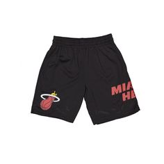 The Miami Heat Mesh Shorts features a screen-printed Heat logo at the left leg with a team wordmark at the right leg.Fabric: 100% Polyester Casual Team-colored Shorts For Team Events, Casual Shorts For Team Events During Sports Season, Casual Athletic Shorts For Team Events, Casual Athletic Shorts With Team Logo For Sports Events, Casual Shorts For Team Events And Sports Season, Short Sports Bottoms With Team Logo, Black Sportswear Bottoms For Basketball, Athleisure Sports Bottoms With Logo Detail, Collegiate Black Bottoms For Sports Events