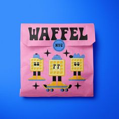 a pink paper bag with two cartoon characters on it and the words waffle in black