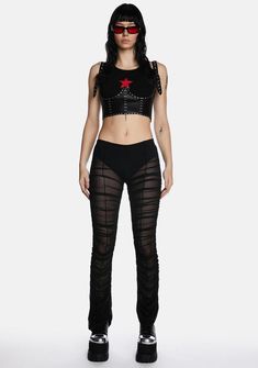 Current Mood Low Rise Ruched Mesh Pants - Black – Dolls Kill Rave Shoes, Grunge Clothing, Mesh Pants, Mosh Pit, Lace Up Leggings, Low Rise Pants, Flared Leggings, Black Dolls, Black Doll