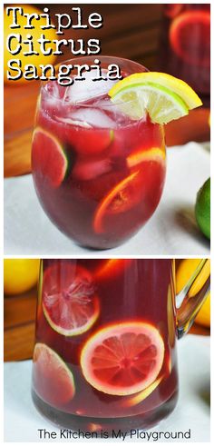 a pitcher filled with red liquid and sliced lemons