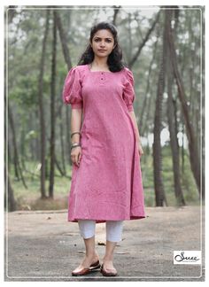 Dailywear Kurti Designs, Puff Sleeves Suit Design Indian, Puff Sleeve Salwar Suit, Cotton Kurthis Models, Square Neck Designs For Suits, Puff Sleeve Kurti Indian, Kurtha Models Latest, Kurthi Models Latest Cotton, Puff Sleeve Kurti