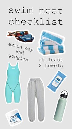 the swim meet checklist includes two towels, one water bottle and an extra cap