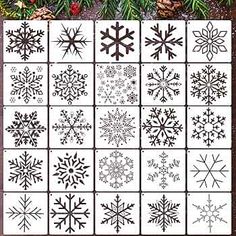 snowflakes and pine cones are shown in black and white