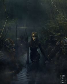 a group of people in the water surrounded by trees and bushes, with masks on their faces