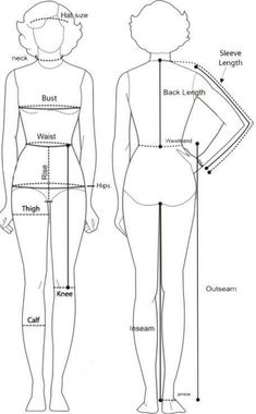 the back and side view of a woman's body with measurements for each section