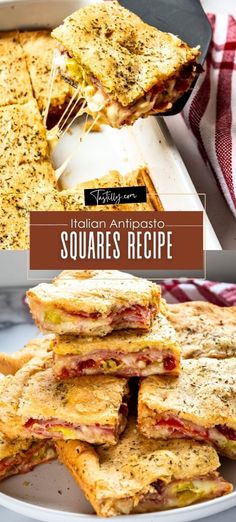 italian antipasto squares recipe with text overlay