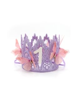 "+ lavender Sienna crown adorned with blush butterfly detail and topped with a white sparkly age.    + comes with a beige skinny elastic headband   + packaged inside a white gift box, perfect for gift giving♥ l o v e c r u s h crowns are handcrafted + sculpted from lace. With a perfect balance of firmness and delicacy, these crowns are ideal for photoshoots, birthdays, costumes, + dress-up fun. Get ready to elevate your style and capture unforgettable moments in our stunning creations.  size + f Baby Girl Cake Smash, 1st Birthday Crown, Girl Cake Smash, Birthday Cap, Baby Girl Cake, Butterfly Crown, Smash Cake Girl, Lace Crowns, Mini Crown