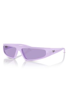 A sleek wraparound silhouette adds sporty style to these sunglasses complete with logo inlays at the temples. 59mm lens width; 13mm bridge width; 120mm temple length 100% UV protection Plastic Imported Sporty Shield Sunglasses With Tinted Lenses For Streetwear, Sporty Polarized Sunglasses For Streetwear, Modern Purple Shield Sunglasses With Uva Protection, Modern Purple Shield Sunglasses With Uv Protection, Luxury Purple Sunglasses With Uva Protection, Cheap Modern Purple Sunglasses, Wraparound Sunglasses, Adjustable Purple Sunglasses With Gradient Lenses, Violet Sunglasses