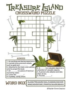 a crossword puzzle is shown with words and pictures on the front page, which include an image of a pirate's chest