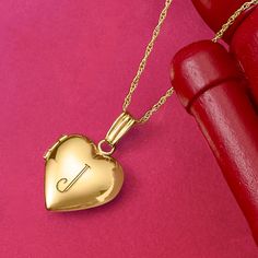 Ross-Simons - Single-Initial - Child's 14kt Yellow Gold Heart Locket Necklace. 15". Give your little one a fun and fashionable style to call their own! This 14kt yellow gold heart locket necklace is so darling and suspends from a classic rope chain. Fits a 5/16" x 5/16" photo of your choice. Make it even more meaningful with a FREE engraving of a single initial of your choice of block or script type. A wonderful, memorable gift for a birthday or special milestone. Springring clasp, 14kt yellow g Valentine's Day Yellow Gold Locket Necklace For Anniversary, Hallmarked Initial Pendant Necklace For Valentine's Day, Classic 14k Stamped Necklace For Valentine's Day, Classic Valentine's Day Necklace Stamped 14k, Valentine's Day Hallmarked Initial Pendant Necklace, Valentine's Day Keepsake Necklaces Stamped 14k, Valentine's Day Hallmarked Heart Necklace, Yellow Gold Initial Pendant For Valentine's Day, Yellow Gold Heart Necklace For Valentine's Day Keepsake