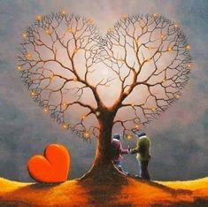 a painting of two people standing next to a tree with lights on it and the words el amor est vacio de ego, elo